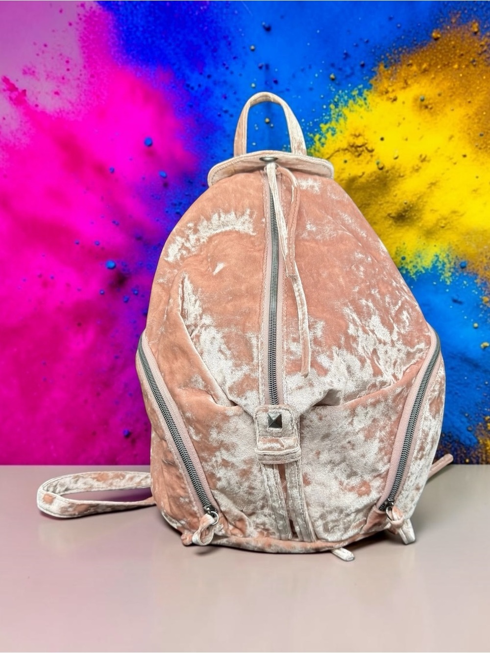 T-Shirt & Jeans Velvet Slouchy Backpack Pink Crushed Velour Zipper Daypack
